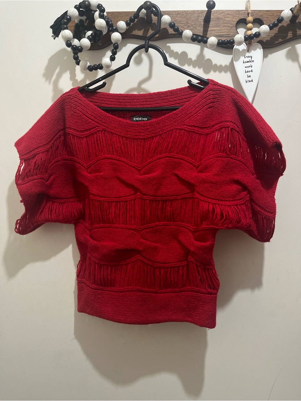 Bebe Red Shredded Knit Short Sleeve Sweater Top | Y2K | S
